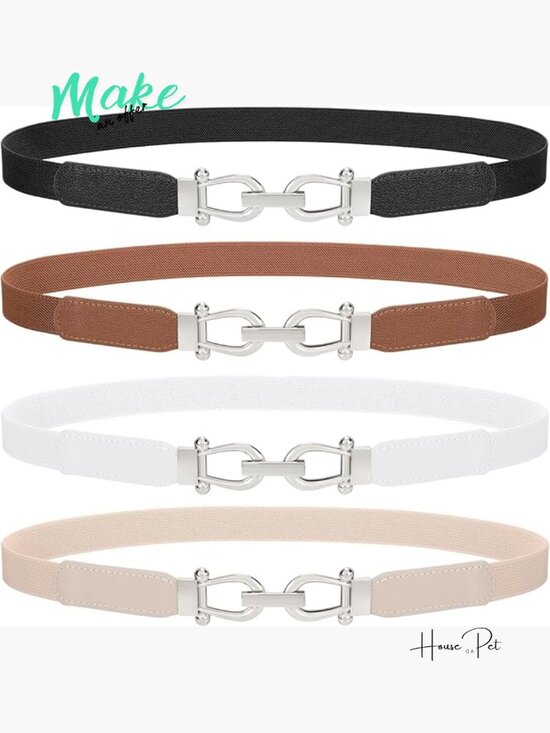 4 Pack Skinny Elastic Belts Gold Buckle Stretchy Waist Belts for Dresses